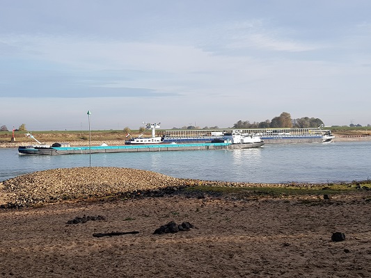 Wandelen over klompenpad Doddendaelpad bij scheepvaart over de Waal in Beuningen