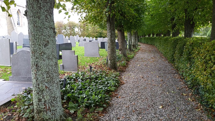 Graven bij kerk Boksum op wandeling over Elfstedenpad van Leeuwarden naar Mantgum