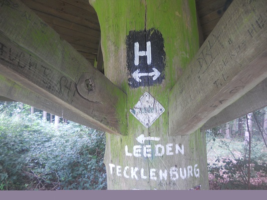 Markering 'H' tijdens wandelig over de Hermannsweg van Tecklenburg naar Lengerich op wandelreis in het Teuroburgerwald in Duitsland