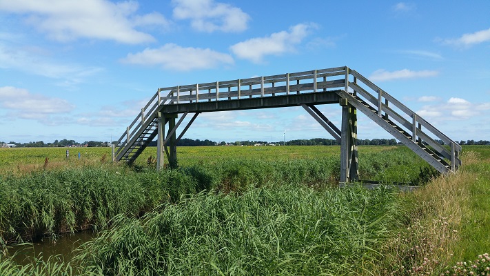 Voetbrug over Pieterbuurstermaar op een wandeling over het Nederlands Kustpad van Eenrum naar Pieterburen